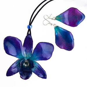 purple-blue dendrobium orchid flower necklace and earrings set