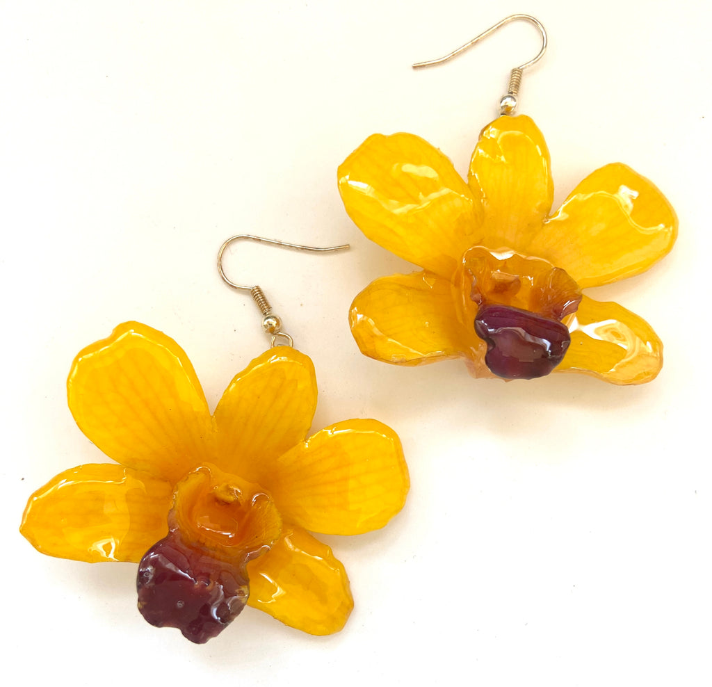 Yellow Purple Dendrobium Orchid Earrings