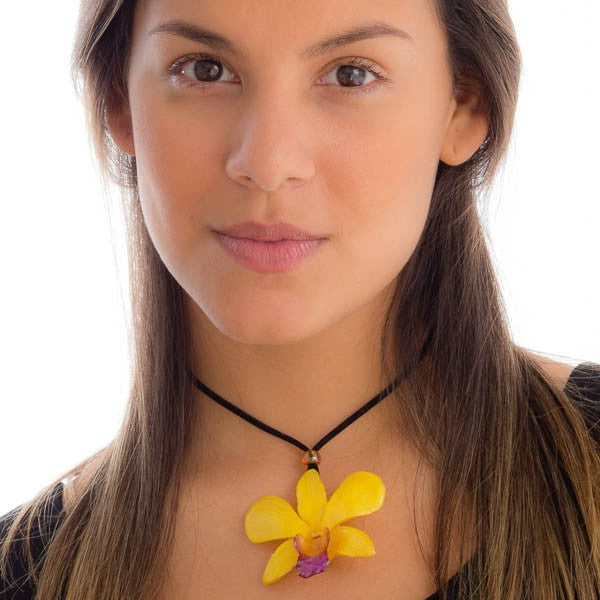 Yellow-Purple Dendrobium Orchid Necklace