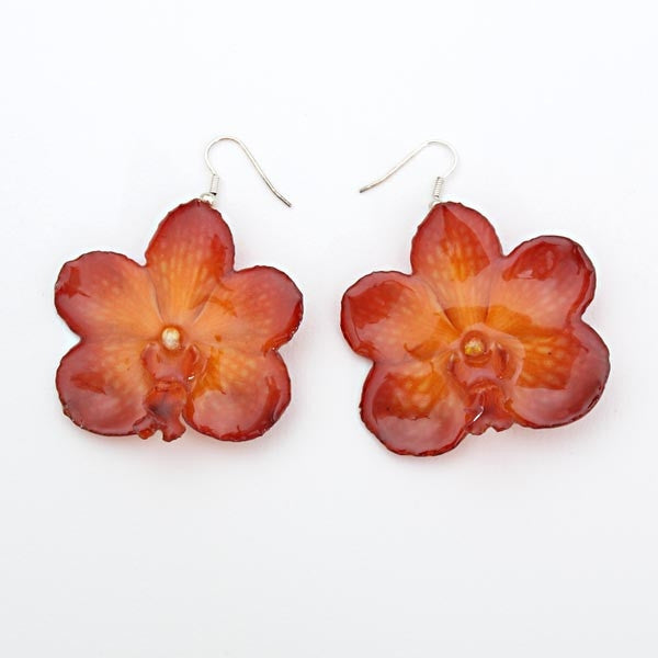 Purple Orange vanda orchid earrings