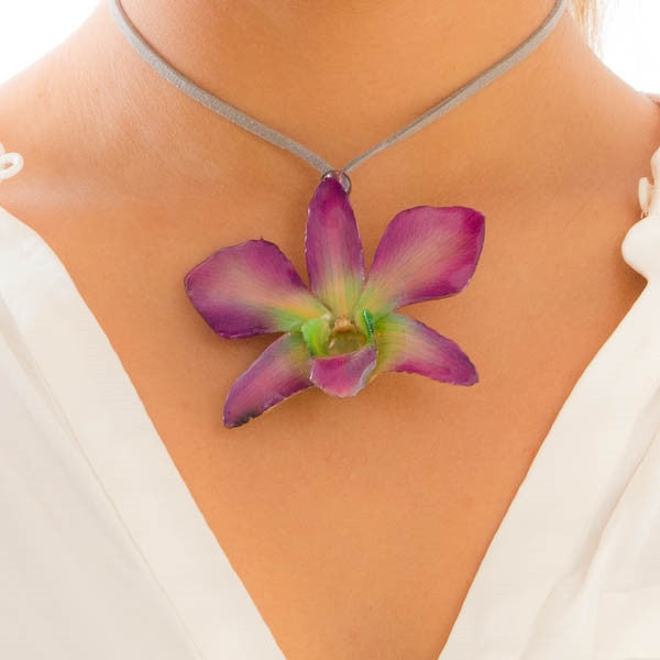 Purple Green Dendrobium Orchid Necklace