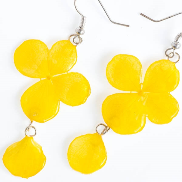 yellow hydrangea real flower earrings preserved in resin