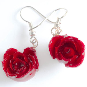 tiny red rose flower earrings covered with resin