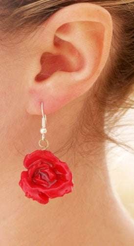 tiny red rose flower earrings covered with resin