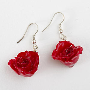 tiny red rose flower earrings covered with resin