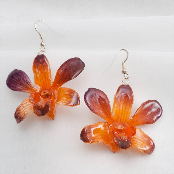 Purple Orange Small Dendrobium Orchid Earrings