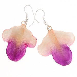 purple-white dendrobium orchid flower petal earrings