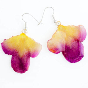 Purple Yellow Dendrobium Orchid Flower Petal Earrings
