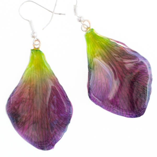 Purple Green Dendrobium Petal Earrings