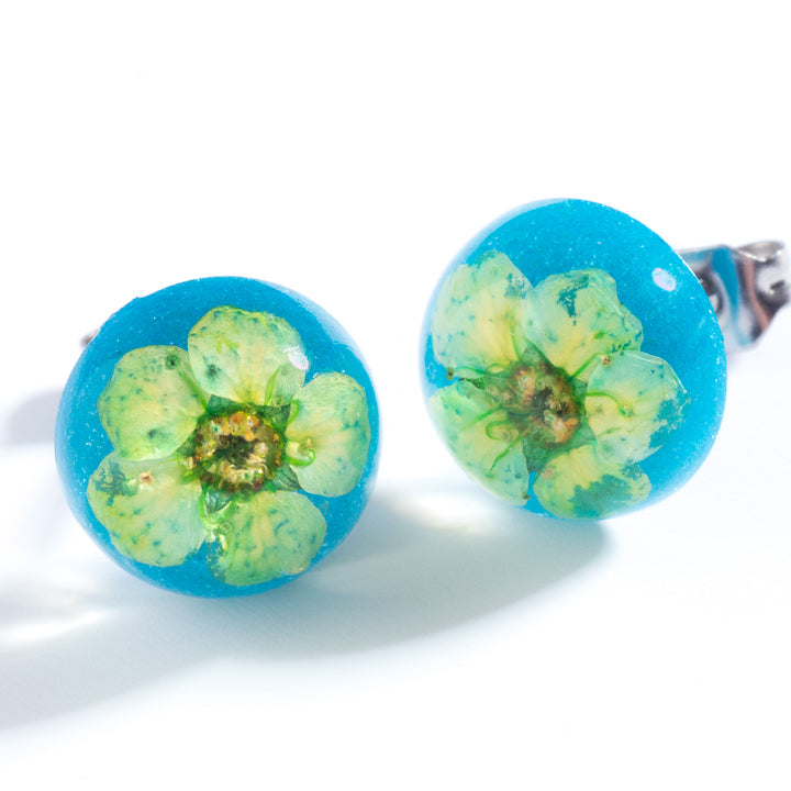 Flower Earrings Orb Studs Green-Blue