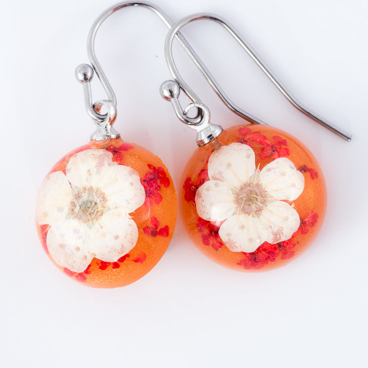 Flower Earrings Mini Orb Earrings White-Orange