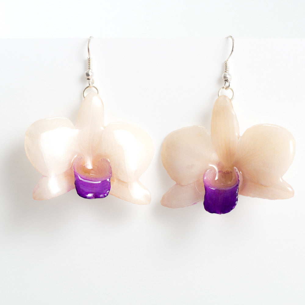 White Purple Dendrobium Caren Orchid Earrings
