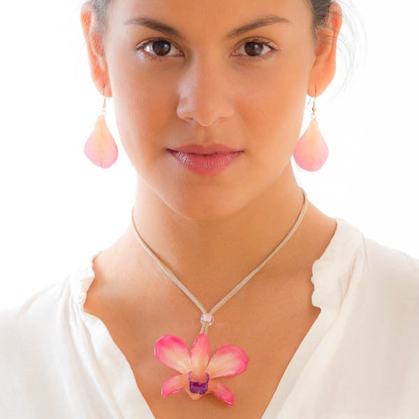 Pink - White Dendrobium Orchid Flower and Earrings matching set.