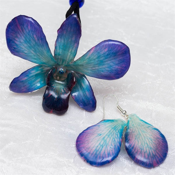 Purple-Blue Dendrobium Orchid Flower and Earrings matching set.