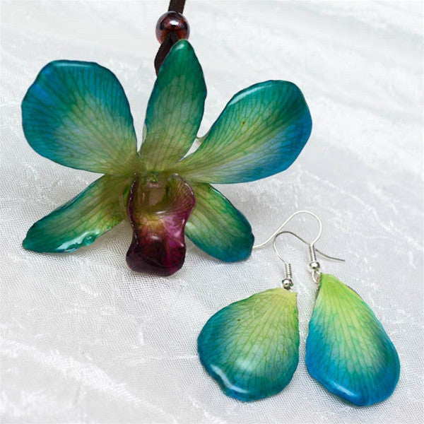 Yellow-Blue Dendrobium Orchid Flower and Earrings matching set.