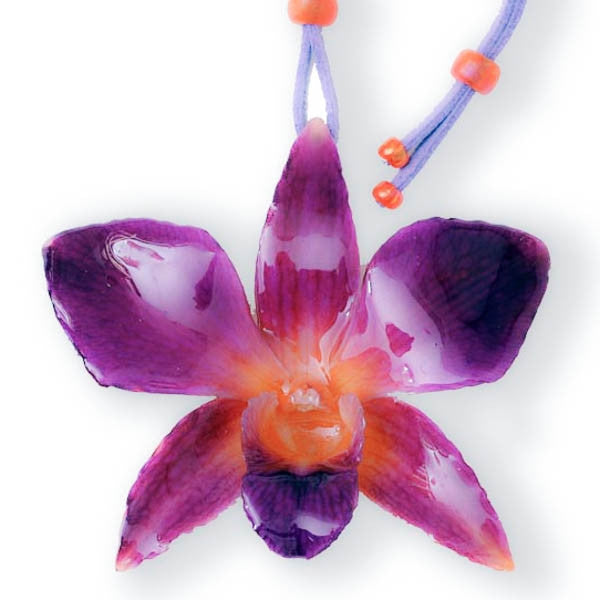 purple-orange dendrobium orchid flower necklace and earrings set