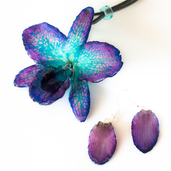 Purple-Blue Nobile Orchid necklace and earrings set