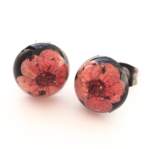 Flower Earrings Pink-Black Orb Stud Earrings