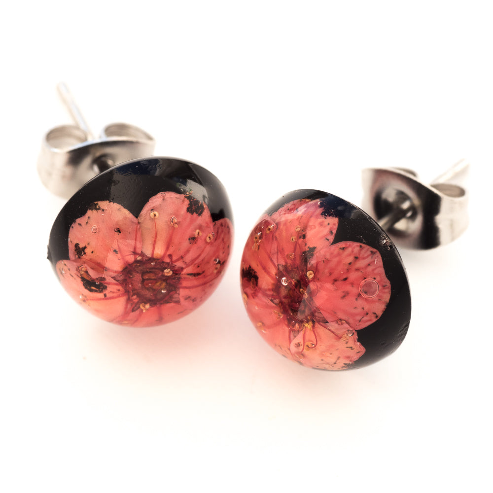 Flower Earrings Pink-Black Orb Stud Earrings