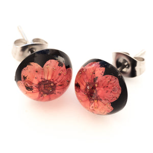 Flower Earrings Pink-Black Orb Stud Earrings