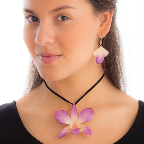purple-white dendrobium orchid flower necklace and earrings set