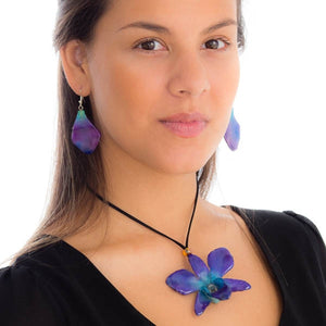 purple-blue dendrobium orchid flower necklace and earrings set