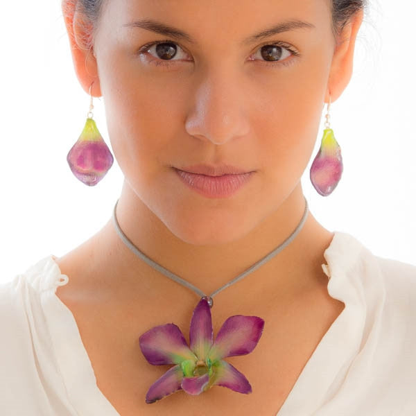 purple-green dendrobium orchid flower necklace and earrings set.